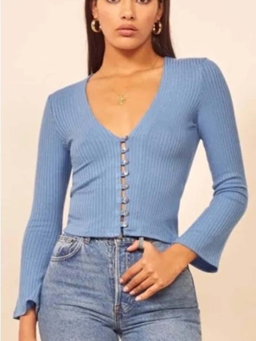 Reformation Light Blue Ribbed V-Neck Button Front Top